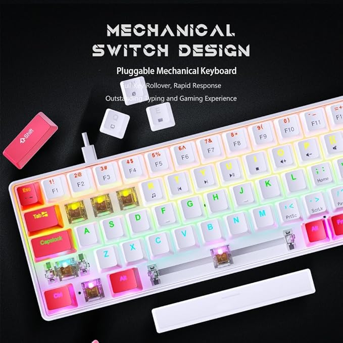abucow 65% Wired Mechanical Keyboard – 68-Key Compact Layout, Full Anti-Ghosting, Brown Switch Swappable Red White Keycaps, for Windows/Mac