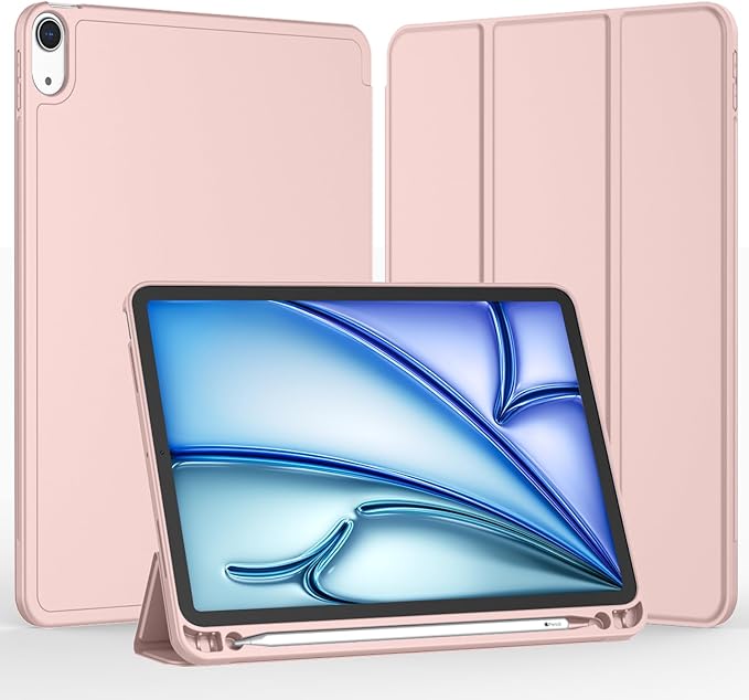 iMieet iPad Air 11 Inch Case M4/M3/M2(2026/2025/2024), iPad Air 5th/4th Generation Case 2022/2020 10.9 Inch with Pencil Holder,Trifold Stand Smart Case with Soft TPU Back(Rose Pink)