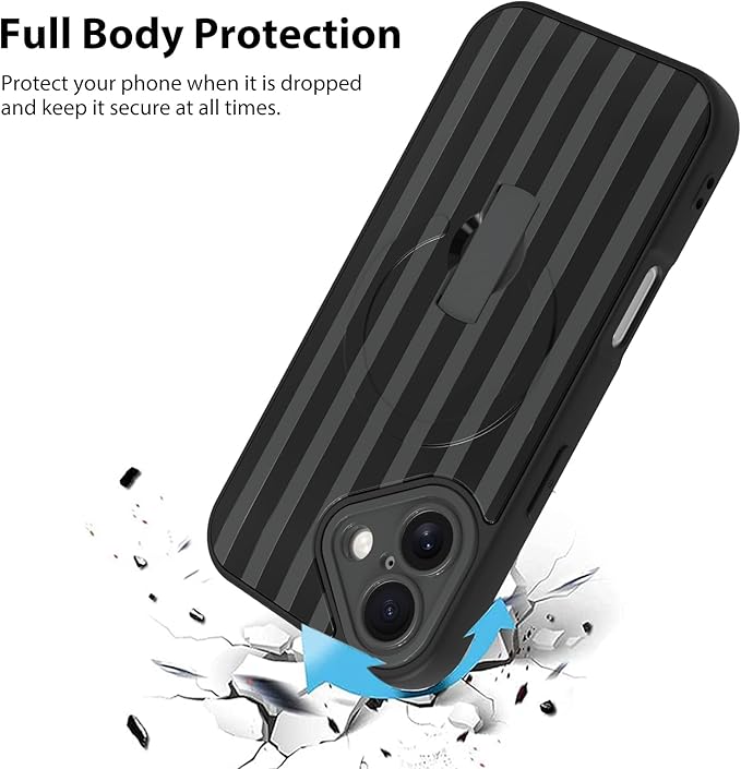KANGHAR Compatible with iPhone 16 Case, Support for MagSafe, Silicone Stripes Cute Pattern, Wristband Kickstand Camera Protection Soft Slim Cover for Girls Women -Black