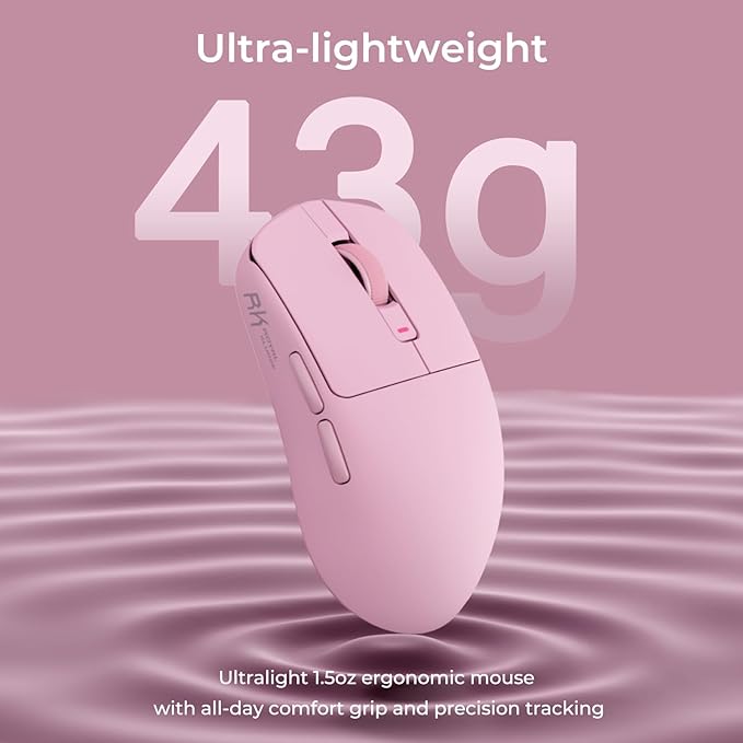 RK ROYAL KLUDGE RK M30 Wireless Gaming Mouse, 24000 DPI, 43g Ultra-Lightweight, PAW3311 Sensor, 2.4G/Bluetooth/USB-C Rechargeable Wireless Mouse with 5 Programmable Buttons for PC/Mac, Pink