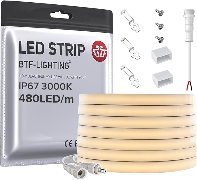 BTF-LIGHTING FCOB COB LED Strip IP67 Waterproof Flexible High Density Uniform Diffused Neon Light 16.4FT DC12V Warm White 3000K 480LED/m CRI 90+ for Indoor Decor(No Adapter or Controller)