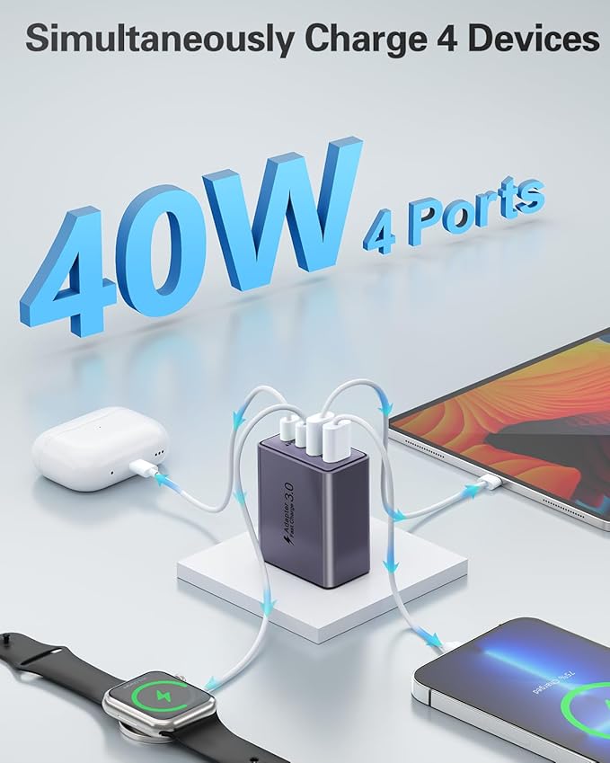 USB C Charger Block, 2-Pack 40W USB C Fast Charging Block 4-Port Dual PD+QC Power Adapter Double USBC Charger Block Multiport Type C Cube Wall Plug for iPhone 16 15 14 13 12 11 Pro Max, Samsung