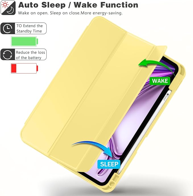 ZryXal New iPad Air 13 Inch Case M3 2025/M2 2024 with Pencil Holder, Trifold Stand Smart Case with Soft TPU Back,Auto Wake/Sleep(Yelow)