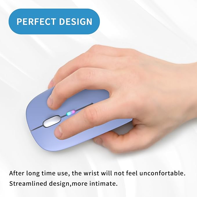Wireless Bluetooth Mouse, Rechargeable, LED, Silent, Ultra-thin Design (Bluetooth 5.2 and 2.4GHz USB Receiver) | Portable Computer Mouse for Laptops, iPads, MacBooks and Apple Devices (purple)