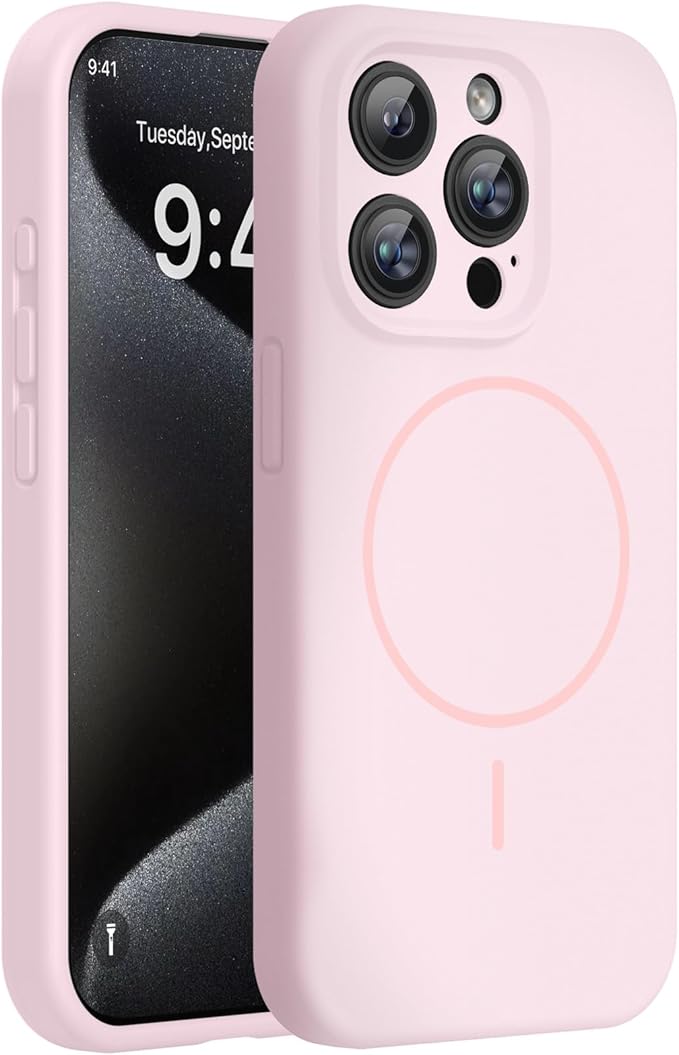 Miracase Magnetic for iPhone 15 Pro Case, [Soft Anti-Scratch Microfiber Lining], Magnetic for MagSafe, Liquid Silicone Shockproof Drop Protection Phone Case for 15 Pro, Sand Pink