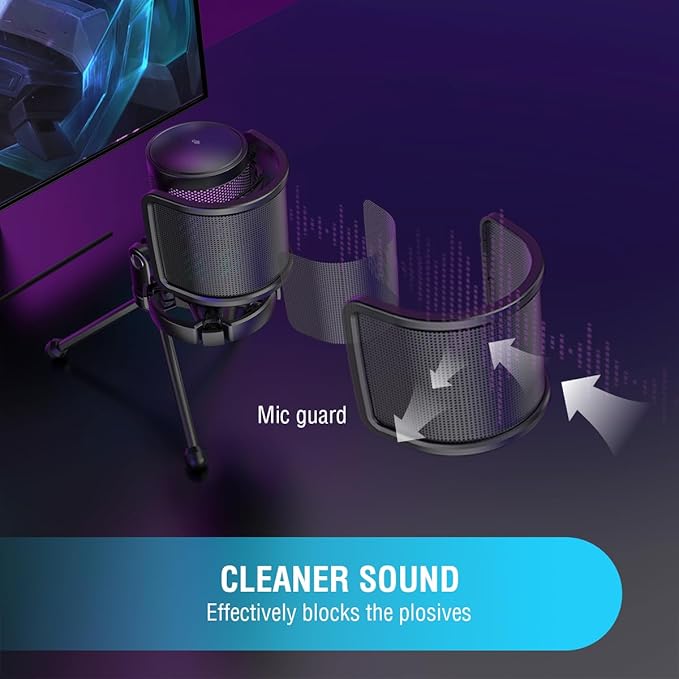 FIFINE Gaming USB Condenser Microphone with Pop Filter Bundle, Quick Mute, RGB Indicator, Tripod Stand, Shock Mount, Gain Control for Streaming YouTube Videos (A6V+U1)