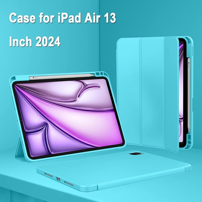 ZryXal New iPad Air 13 Inch Case M3 2025/M2 2024 with Pencil Holder, Trifold Stand Smart Case with Soft TPU Back,Auto Wake/Sleep(Cyan)