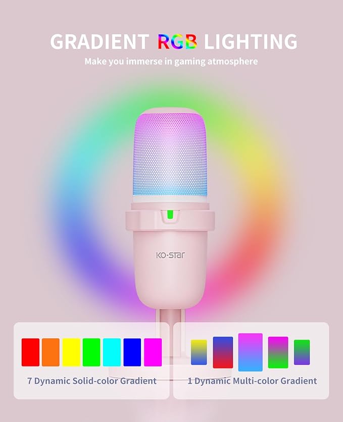 USB Streaming Gaming Microphone, PC Condenser Desktop Mic for Video, Home use, YouTube, with RGB Control, Gain Knob, 3.5mm Headphone Jack, Shock Mount, on Computer/PS5 - Pink