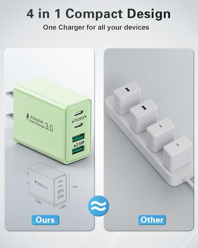 KOUEMGI 2-Pack 40W 4-Port USB C Fast Charging Block (Green), Dual PD+QC Charger Cube for iPhone 15/15 Plus/15 Pro/15 Pro Max, iPad, Samsung, LG, Google Pixel