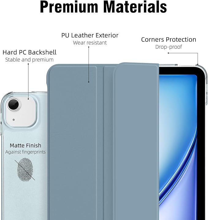 for iPad Air 13 inch M4/M3/M2 2026/2025/2024 Case, iPad Pro 12.9 (6th/5th Gen. 2022/2021), Hard PC Translucent Frosted Back Shell Case with Auto Wake/Sleep, Trifold Stand Cover, Misty Blue