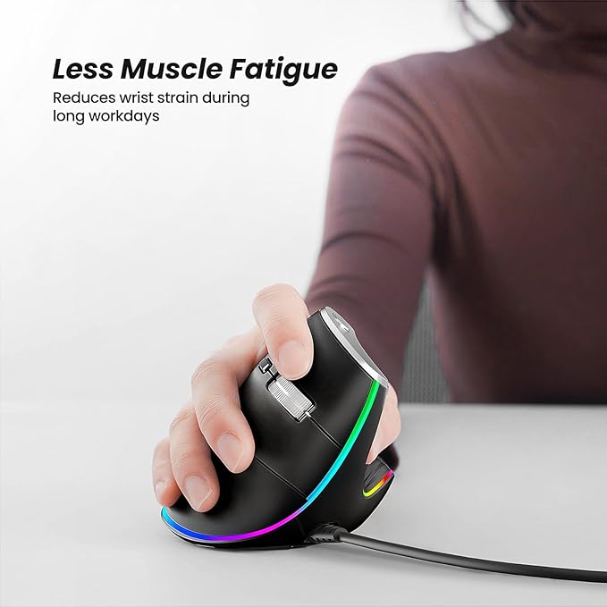 Nulea M504 Wired Vertical Mouse, USB Optical Ergonomic Mouse Wired with 4 Adjustable DPI, 11 RGB Backlight Modes, Compatible for Laptop, PC, Desktop, Mac, Black
