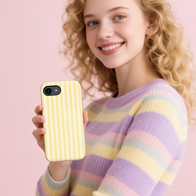 Magnetic for iPhone 16e Case Cute Stripes Phone Case, Shockproof Slim TPU and Hard PC Protective Phone Cover Compatible with MagSafe Designed for Women Girls, Yellow