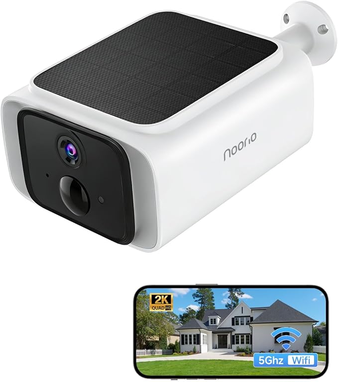 Noorio 2K Solar Security Cameras Wireless Outdoor, 2.4/5G WiFi Camera for Home Security with Fix Solar Panel, Color Night Vision, 2-Way Talk, IP65 Waterproof, Alexa, Surveillance Outdoor, SB400