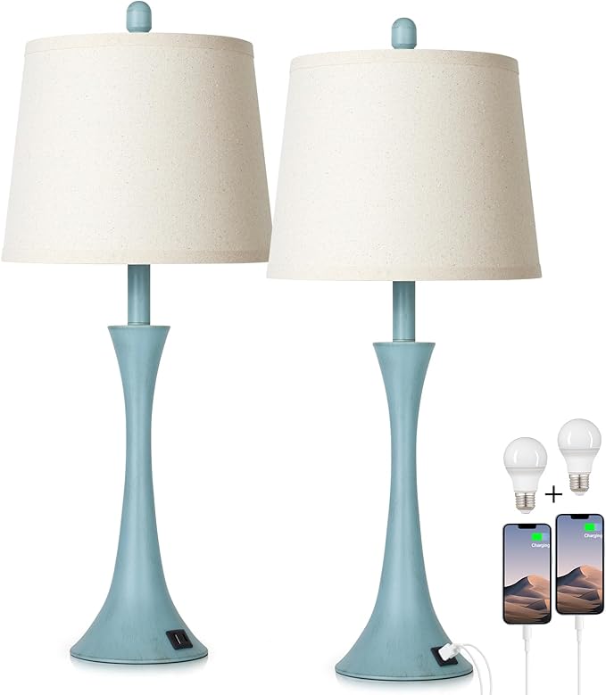 Rinweey Blue Metal Table Lamp Set of 2 with USB C+A Ports, Bedside Lamp, Modern Bedroom Lamps, Coastal Lamp for Night Stands Bedroom Living Room,Nightstand Lamp LED Bulbs Included