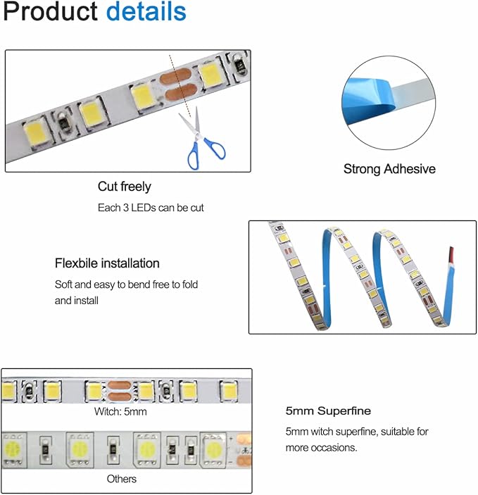 12V LED Strip Lights, 5mm Wide Ultra Narrow White 6000K 16.4ft SMD 2835 IP20 120 LEDs/M, Total 600 LEDs Rope Light Strip for Bedroom, Kitchen, Advertising Decoration