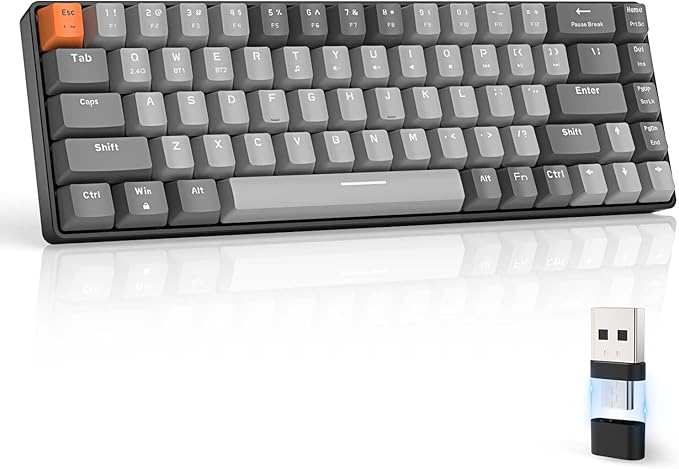 ZIYOU LANG RK68 60% Wireless Mechanical Keyboard,Bluetooth 5.0/2.4Ghz Dual Mode Receiver,Hot-Swappable Mini 68-Key,Retro Color Keycaps,Linear Red Switch,Ultra Power Saving for PC PS4 Xbox iPhone ipad