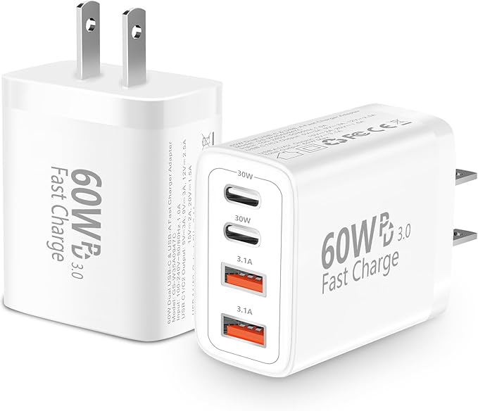 USB C Charger Block, LANWK 2Pack 60W 4Port USB C Wall Chargers Dynamic Power Adapter Dual PD&QC Type C Fast Charging Brick USB-A Charger for iPhone 17 17 Pro Max 16 15 14 13 12 11/Galaxy S26/S25/Pixel