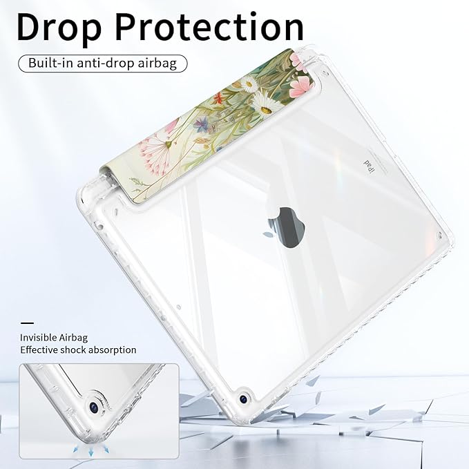 Slim Trifold Case for ipad 9th/8th/7th Generation, ipad Case 10.2 inch 2021/2020/2019 with Pencil Holder, Shockproof Hybird Shell Clear Back Cover, Watercolor Wildflower