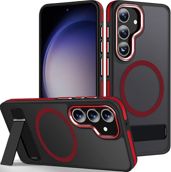 MALEWOLF Case for Galaxy S23 FE with 3 Modes Stand, Compatible with Magsafe, Color Collision Shockproof Case with Anti-Slip Strip, Matte Translucent Magnetic Case for Galaxy S23 FE (Black/Red)