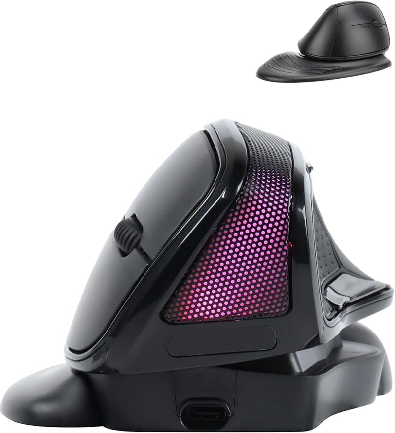 Wireless Mouse Large Angle Adjustable Ergonomic Vertical Upright Carpal Tunnel Ergo Right Hand 6 buttons USB Optical Mice for PC Laptop Computer Gift,3600 DPI,Removable Palm Rest,RGB Light
