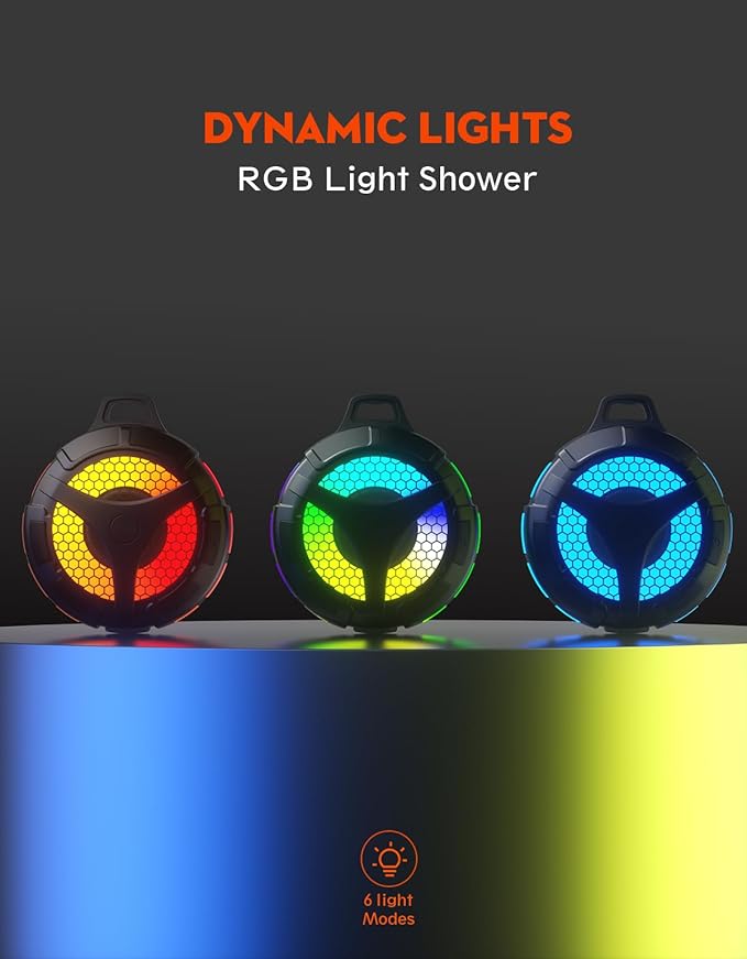 Waterproof Bluetooth Shower Speaker with Suction Cup, IPX7 Bathroom Speaker, 15W Loud Stereo Sound, Deep Bass, TWS Pairing, RGB Lights, Portable Speaker Gift for Men & Women