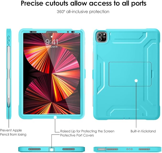 DTTO for iPad Pro 11 inch Case 2022(4th Gen)/2021(3rd Gen), [Screen Protector] Dual Layer Full Body Protection Cover with Pencil Holder, Also Fit iPad Pro 11'' 2020&2018/iPad Air 5/Air 4 - Cyan Blue