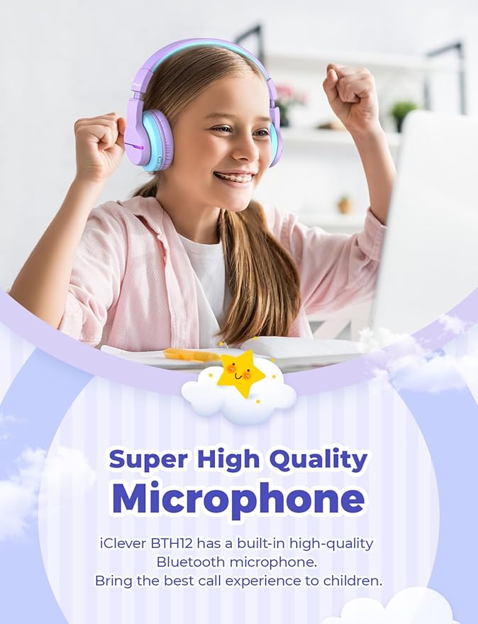 iClever BTH12 Kids Bluetooth Headphones,Colorful LED Lights Kids Headphones Wireless,74/85dBA Safe Volume,85H Playtime,Fast Charging,Bluetooth 5.2,Over Ear,Built-in Mic for iPad/Tablet/Airplane,Purple