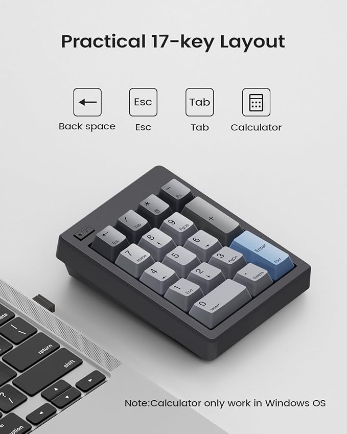 Kisnt FD17 Wireless Mechanical Number Pad, Bluetooth 5.0& 2.4G Dual Mode Numeric Keypad, 17 Keys Hot Swappable Numpad with PBT Keycaps for Laptop/PC/TKL Keyboards(Black, Linear Switch)