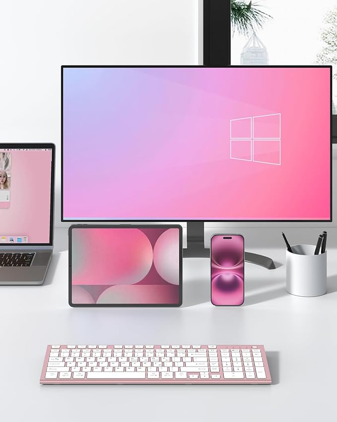 FENIFOX Wireless Keyboard, Bluetooth & 2.4G USB & USB-C Rechargeable Silent Ultra Quiet Low Profile Compact Full Size with Number Pad Soft Multi Device for Mac MacBook Windows PC - Pink & Rose Gold