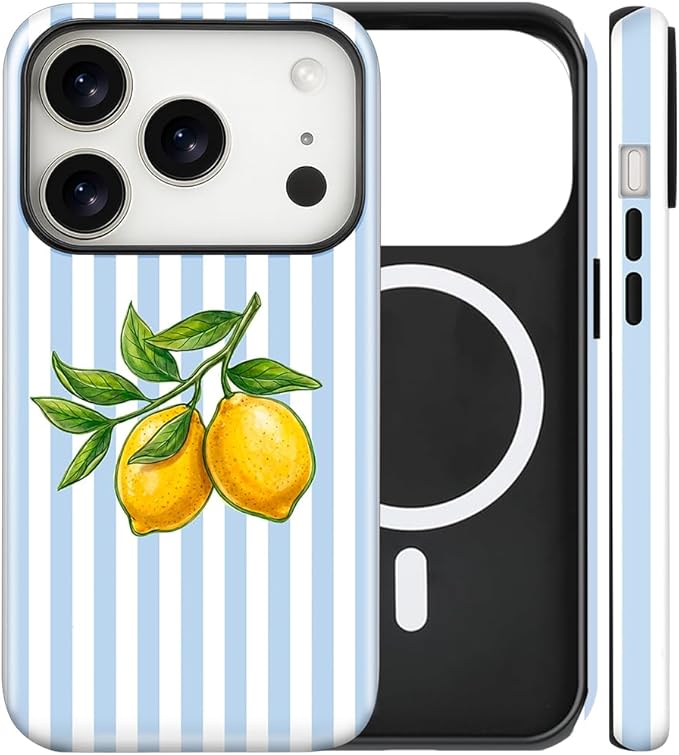 Magnetic for iPhone 17 Pro Max Case Cute Lemon Stripes Phone Case, Shockproof Slim TPU and Hard PC Protective Phone Cover Compatible with MagSafe Designed for Women Girls, Blue
