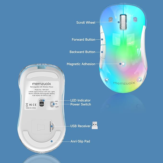 memzuoix 2.4G Wireless Mouse with Customizable Cover & 9-Color LED - Rechargeable Ergonomic, 1400 DPI, 5 Buttons, USB Receiver for PC/Mac - Blue