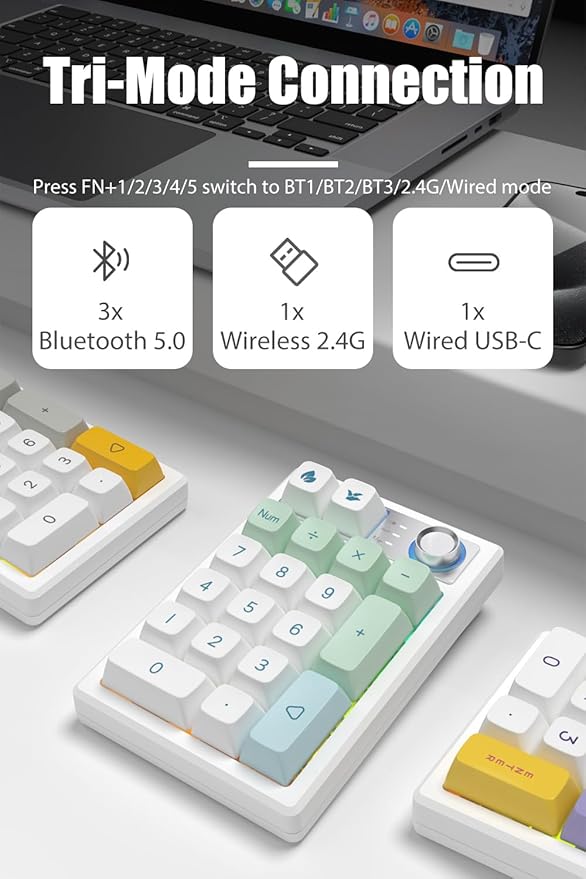 Gasket Creamy Mechanical Numpad Programmable Macro Keypad Wireless 2.4G/Bluetooth 5.0/Wired USB-C RGB Backlit Hot Swappable Number Pad Rechargeable Numeric Keyboard Metal Knob for Win/Mac
