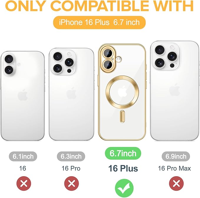 Hython Magnetic Clear for iPhone 16 Plus Case with Camera Lens Protector [Compatible with MagSafe] Luxury Plating Edge Slim Soft TPU Cover Protective Phone Case for iPhone 16 Plus 6.7", Gold