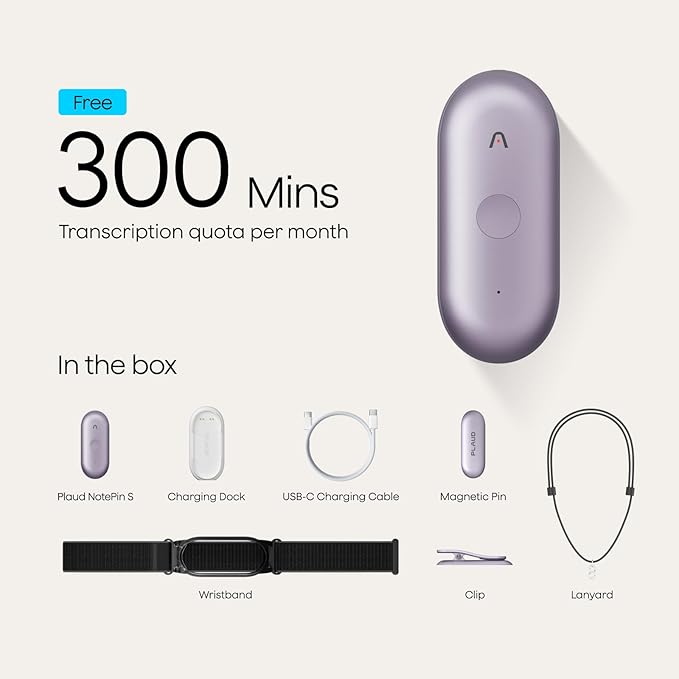 Plaud NotePin S AI Voice Recorder, Wearable AI Notetaker, AI Transcribe & Summarize, Support 112 Languages, 64GB Audio Recorder for Meetings Interviews, Professionals, Teams, with 4 Accessories
