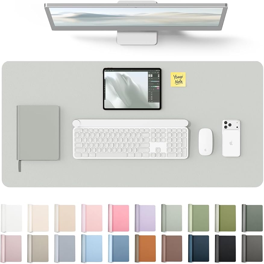 YSAGi Leather Desk Protector, Office Mat, Large Mouse Mat, Non-Slip PU Leather Blotter, Laptop Desk, Waterproof Writing Pad for Office and Home (Light Grey, 31.5" x 15.8")