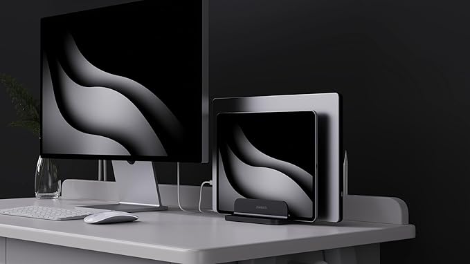 JOKItech Dual Aluminum Vertical Laptop Stand Organizer, Sturdy Notebook Computer Holder Stand Compatible with New Liquid Retina XDR Apple MacBook Air/Pro/Neo, Mac mini & iPad Pro - Black