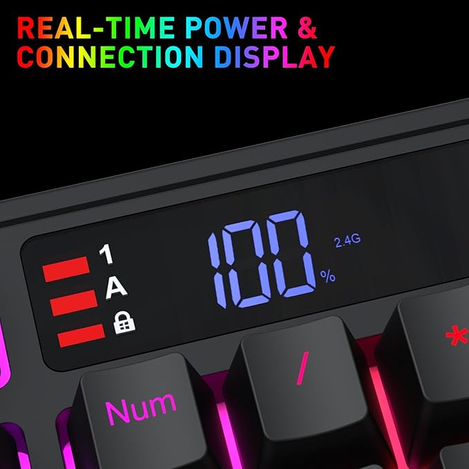 Redragon K526 PRO RGB Wireless Membrane Gaming Keyboard, 104 Keys Mechanical-Feel Keyboard w/LED Info Display, Media/Backlit Knob Control, Smooth Linear Switch & Software Supported