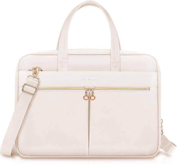 Ferkurn Laptop Bag Case Women Men Computer Bag Compatible with MacBook/HP/LG/Dell, Shoulder Strap Slim Carrying Messenger Briefcase, Beige, 14 Inch