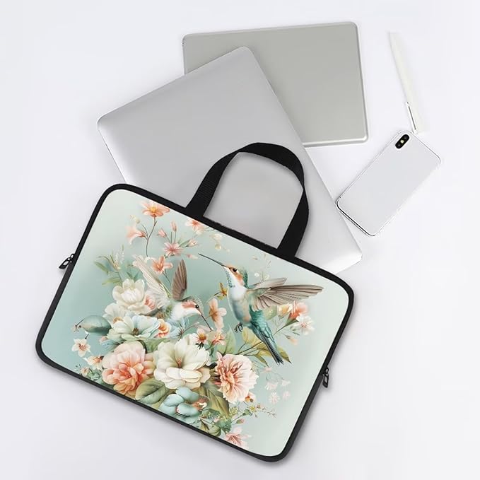 Hummingbird 12 Inch Laptop Sleeve for Women Protective Case Cover Compatible with 10-17 inch Chromebook, Notebook, Briefcase, Spring Floral Waterproof Computer Cases Bag with Handle