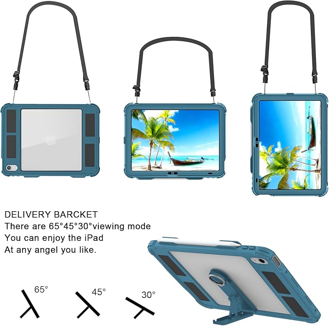 ShellBox Case iPad 10th Gen 10.9 inch Waterproof Case, Full-Body Heavy Duty Shockproof Protective Cover with Kickstand Built-in Screen Protector Pencil Holder Shoulder Strap