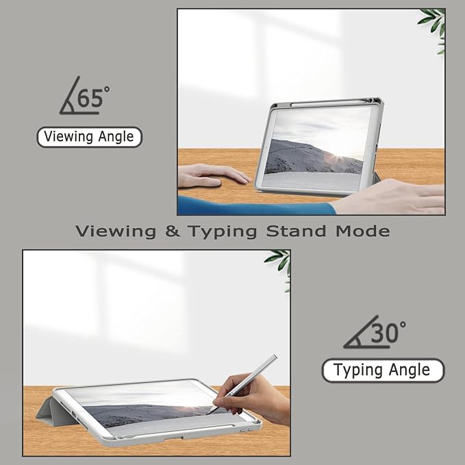 Case for iPad 9th / 8th / 7th Generation (2021/2020 / 2019), for iPad 10.2 Inch Case with Pencil Holder, Stand Tablet Clear Back Cover, Auto Sleep/Wake - Grey White