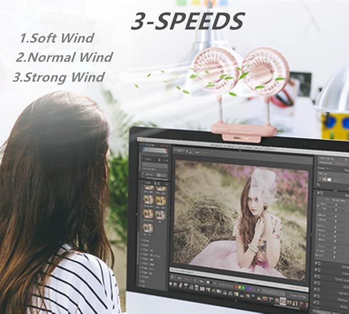 Monitor Fan with 2 Rotatable Heads, 3 Speeds, Sturdy Clamp, USB Powered Cooling Fan for Office Desk & Laptop.