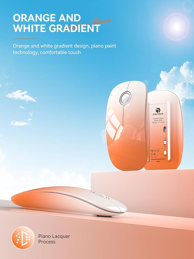 RAPIQUE Bluetooth Wireless Mouse - Dual Connectivity(BT5.1+USB), Ultra Quiet Click & 480-Hour Battery Life,1600 DPI, Portable Cordless Mouse for Mac, MacBook Pro/Air, iPad Pro/Air (Sunrise Orange)