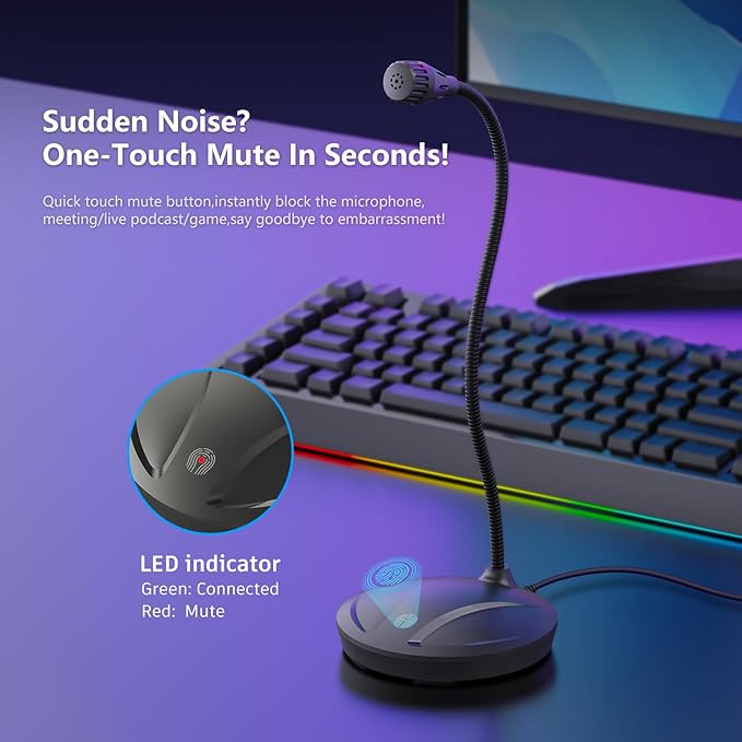 Instrument Microphone for Singing, Podcasting, Voice Video Recording, Plug & Play USB Desktop Microphone for PC with Mute Button & LED Indicator, Compatible with Windows/Mac