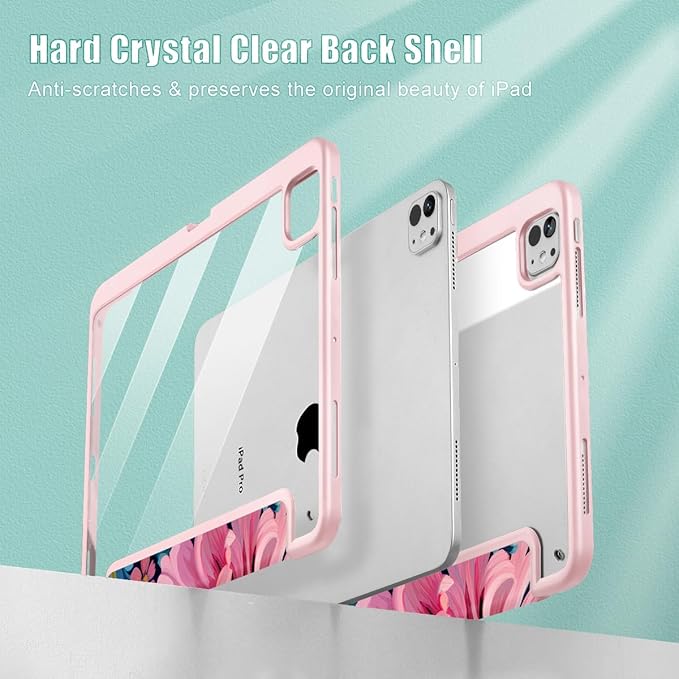 May Chen Case for iPad Pro 11-Inch M5/M4 2025/2024 (6th/5th Generation), Clear Transparent Print Back Shell Slim Stand Shockproof Tablet Cover, Auto Wake/Sleep, Flowers Painting