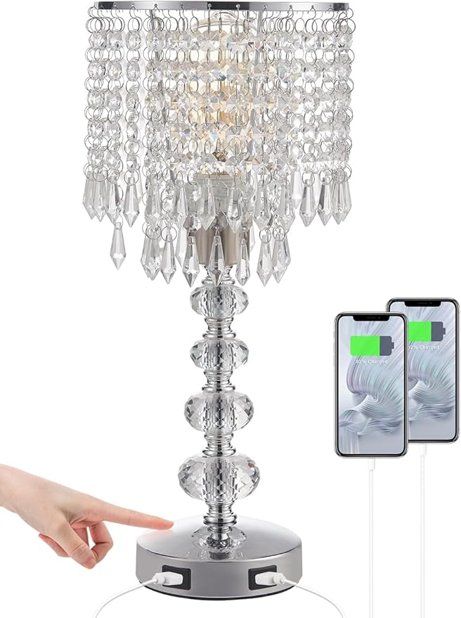 Crystal Table Lamps for Bedroom Nightstand - Touch Bedside Lamps with Two USB Charging Ports Silver, 3 Way Dimmable Small Glam Lamp for Girls, Night Stand Lamp for Living Room