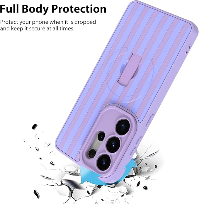 KANGHAR Compatible with Samsung Galaxy S26 Ultra Case, Support for MagSafe, Silicone Stripes Cute Pattern, Wristband Kickstand Camera Protection Soft Slim Cover for Girls Women -Purple