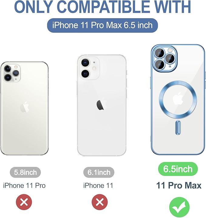 Hython Magnetic Clear for iPhone 11 Pro Max Case with Camera Lens Protector [Compatible with MagSafe] Plating Edge Slim Soft TPU Cover Protective Phone Case for iPhone 11 Pro Max 6.5", Light Blue