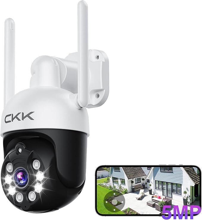 CKK 2K Security Camera Wireless Outdoor, 2.4G/5G Wireless, 360 Degree PTZ, PIR Motion Detection, Color Night Vision, 2-Way Talk, IP66 Waterproof, Audible & Floodlight Alarm for Home, Garage and Yard