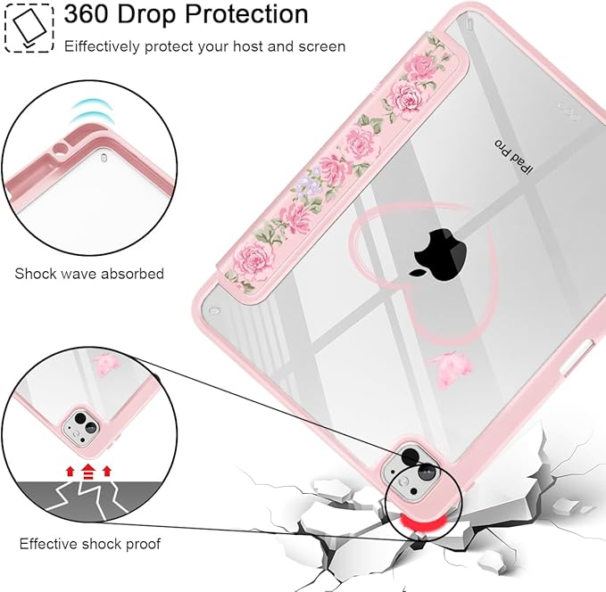 May Chen Case for iPad Pro 11-Inch M5/M4 2025/2024 (6th/5th Generation), [Penceil Holder] Trifold Stand Auto Wake/Sleep Clear TPU Protection Back Cover, Bow & Rose Flower